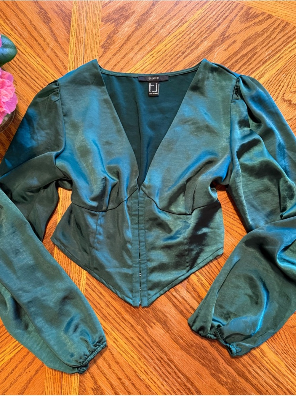 Forever 21 Deep Emerald Satin V-Neck Puff Sleeve Blouse